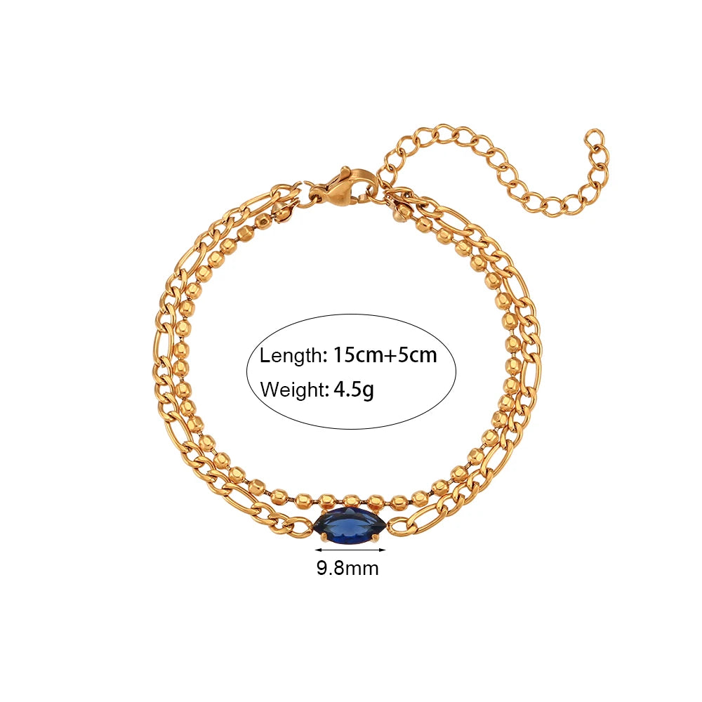 Waterproof Elegant Double Layer Beaded Chain Bracelet with blue gem - 18K Gold Plated 