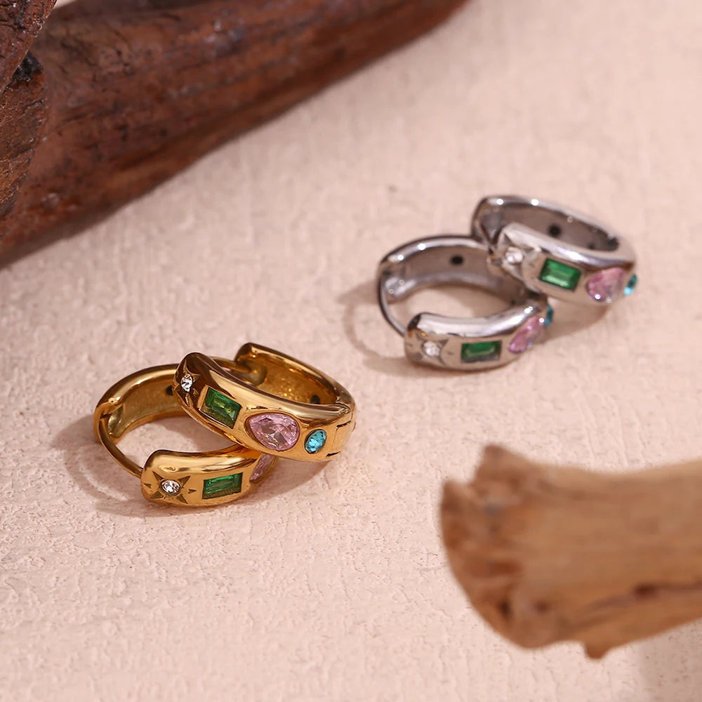 LillyFleur Waterproof Colorful Zircon Hoop Earrings in Gold and Silver Color Options