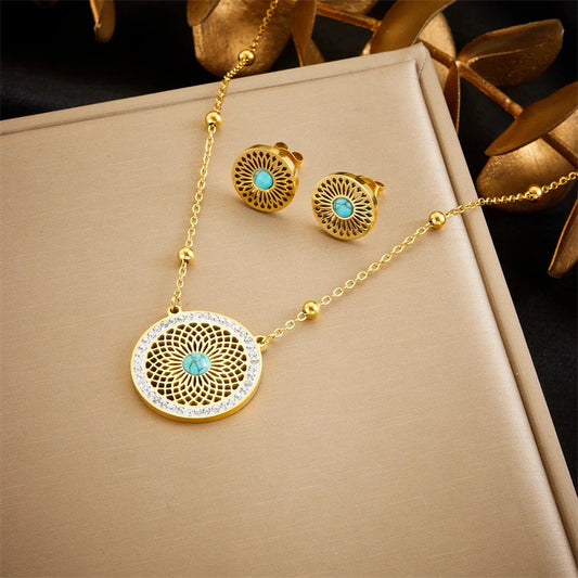 Waterproof Turquoise Leaf Necklace & Earrings Set - 18K Gold Plated