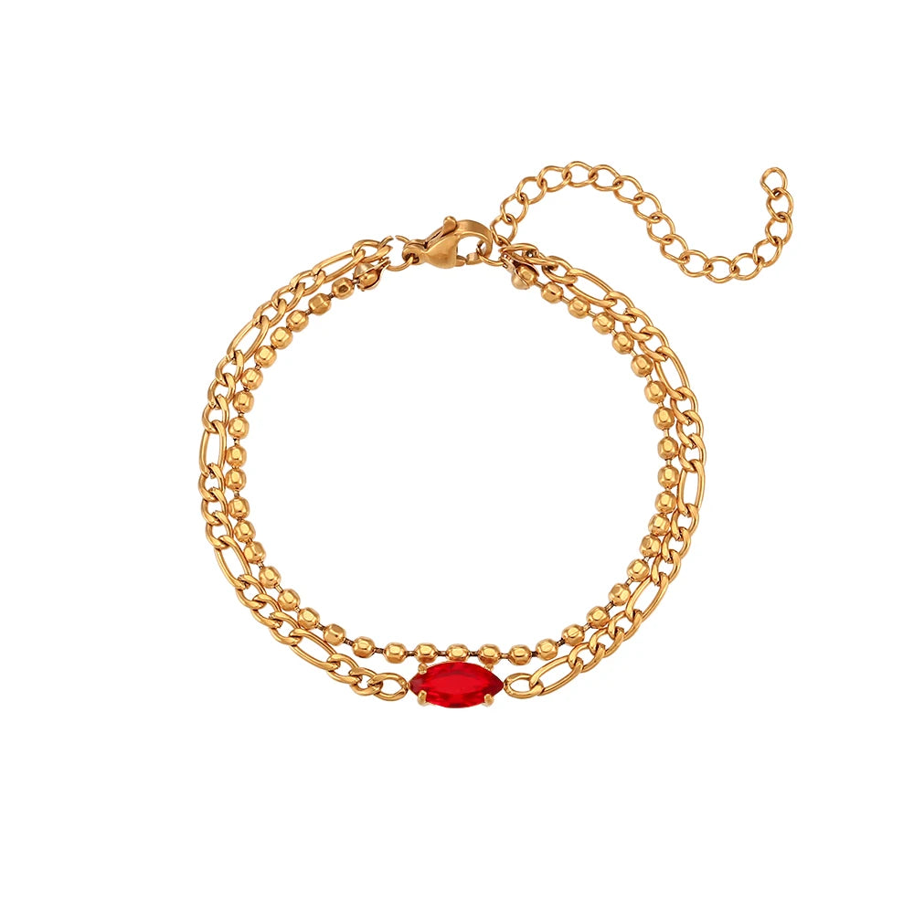Waterproof Elegant Double Layer Beaded Chain Bracelet with red gem - 18K Gold Plated 