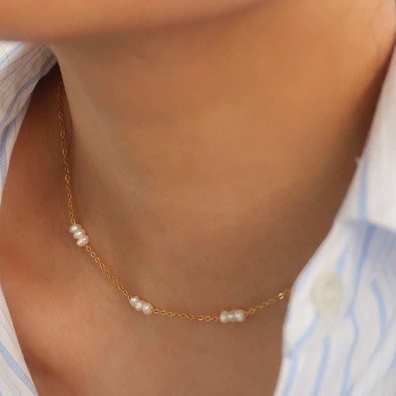 Waterproof Freshwater Pearl Necklace in 18K Gold-Plated Stainless Steel- Pearl Chain