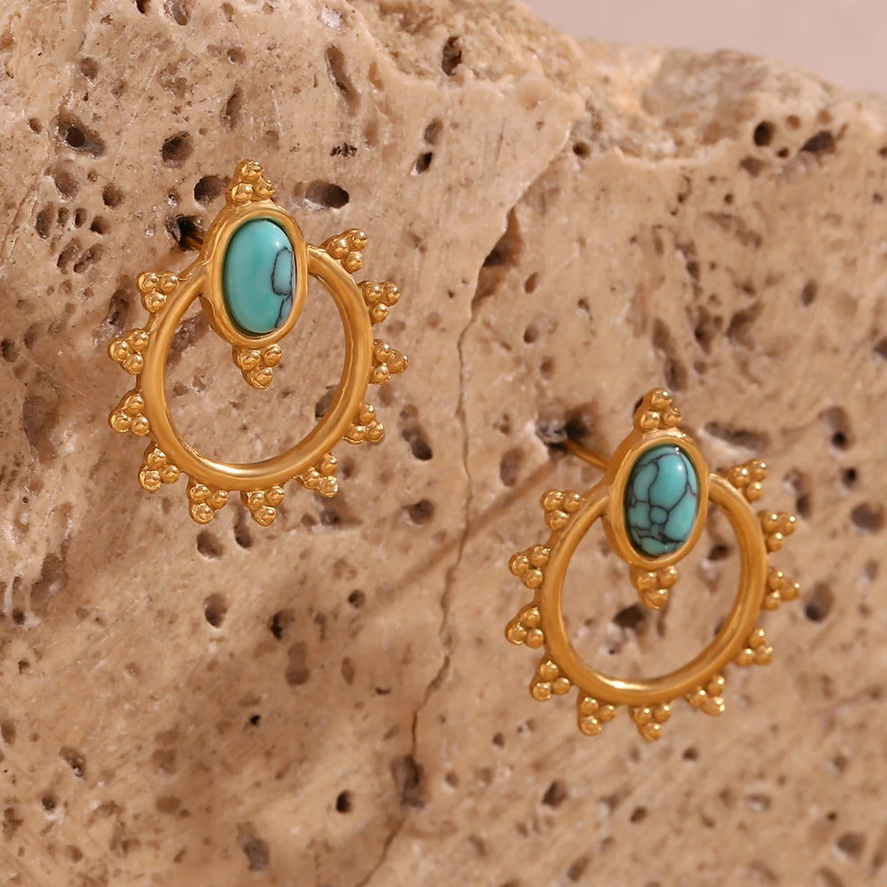  Lace Oval Blue Turquoise Stud Earrings Tarnish Free 18K Gold Plated Women's Earrings 316L Stainless Steel Gift