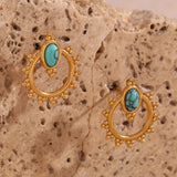  Lace Oval Blue Turquoise Stud Earrings Tarnish Free 18K Gold Plated Women's Earrings 316L Stainless Steel Gift