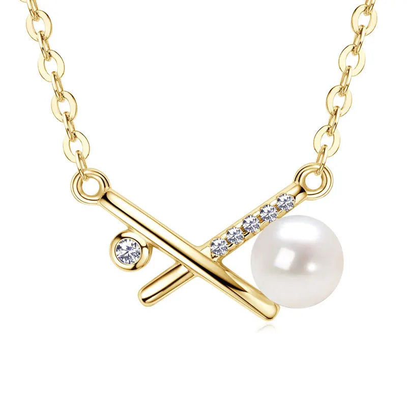 Freshwater Pearl & Zircon X-Shaped Pendant Necklace - 14K Yellow Gold Plated Sterling Silver