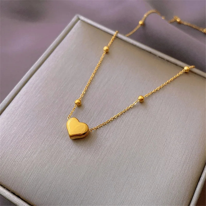 Waterproof Heart Bead Chain Necklace and Bracelet Set in 18K Gold-Plated Stainless Steel