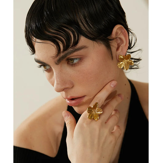 Waterproof Golden Flower Stud Earrings - 18K Gold Plated