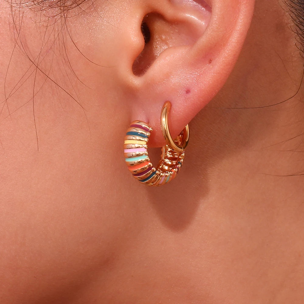 LillyFleur Waterproof Colorful Enamel Caterpillar Hoop Earrings - 18K Gold Plated