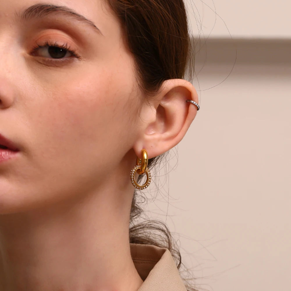 Waterproof Glossy Crystal Hoop Earrings - 18K Gold Plated