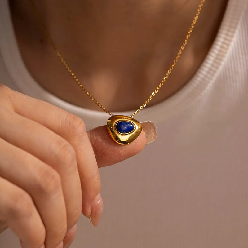 Model wearing Waterproof Lapis Lazuli Necklace in 18K Gold-Plated Stainless Steel