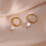 LillyFleur Waterproof Minimalist Pearl Charm Hoop Earrings - 18K Gold Plated