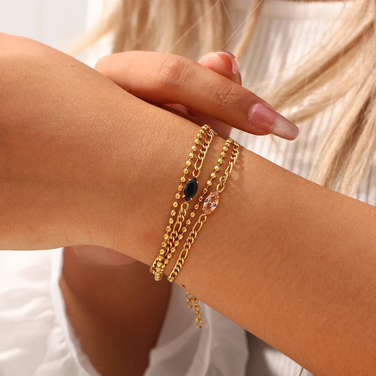 Waterproof Elegant Double Layer Beaded Chain Bracelet black and pink gem options- 18K Gold Plated