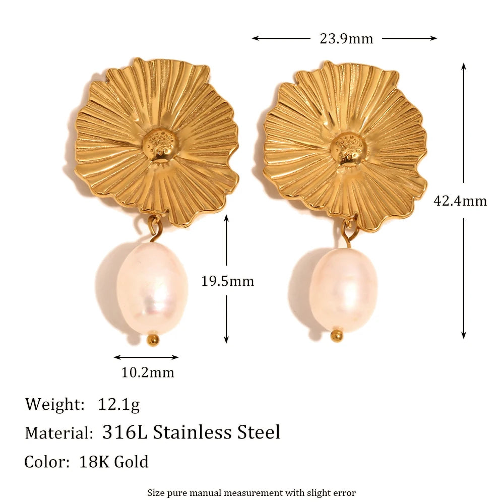 Waterproof Pearl Flower Stud Earrings - 18K Gold Plated