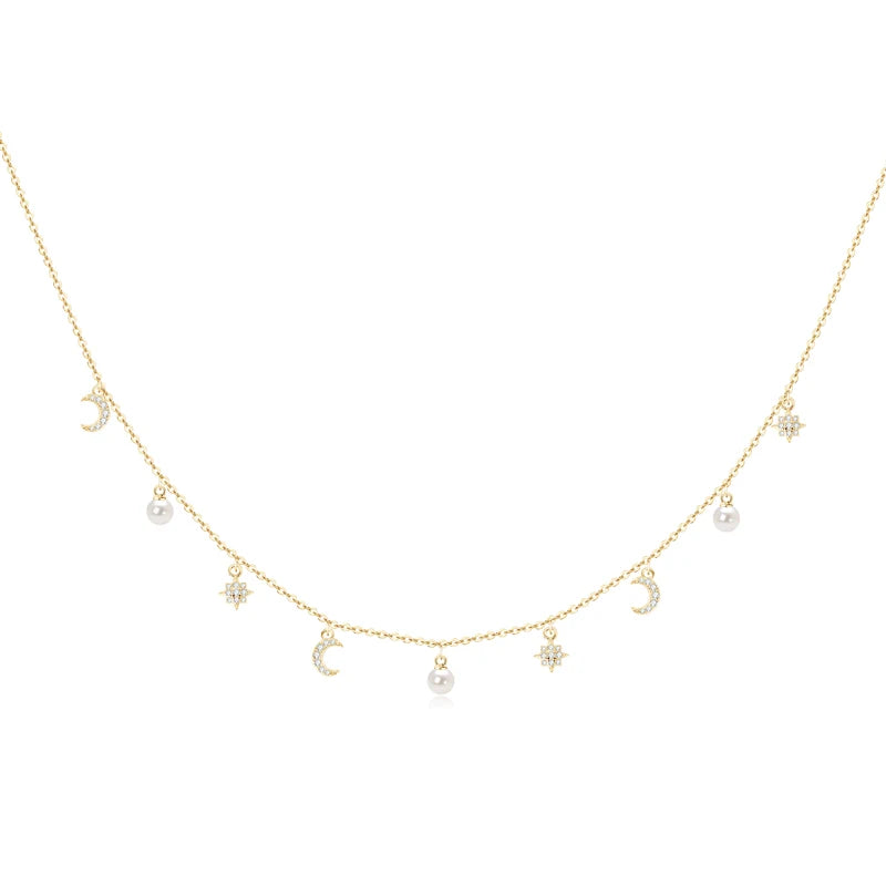 Moon Star Pearl Necklace in Silver - Celestial Charm