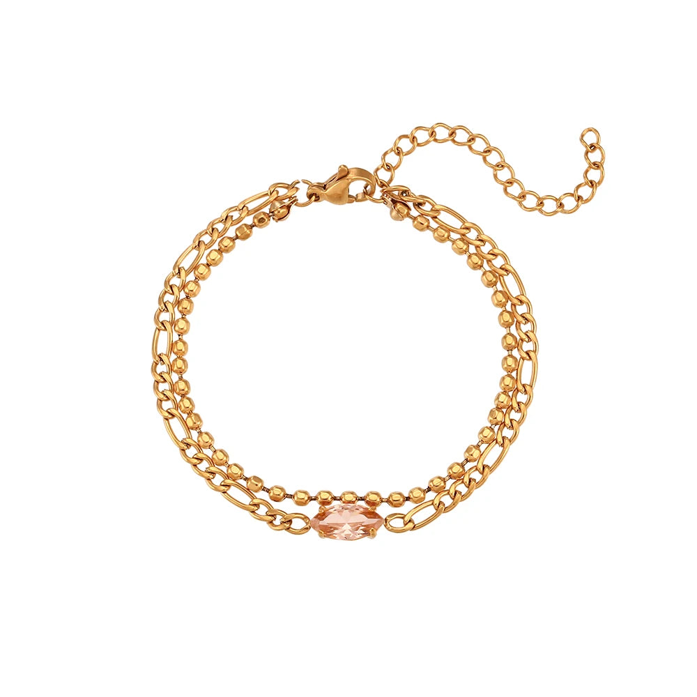 Waterproof Elegant Double Layer Beaded Chain Bracelet with pink gem - 18K Gold Plated 