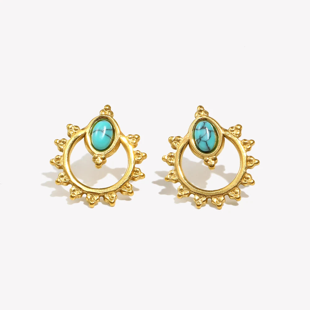 E.B.belle Lace Oval Blue Turquoise Stud Earrings Tarnish Free 18K Gold Plated Women's Earrings 316L Stainless Steel Gift