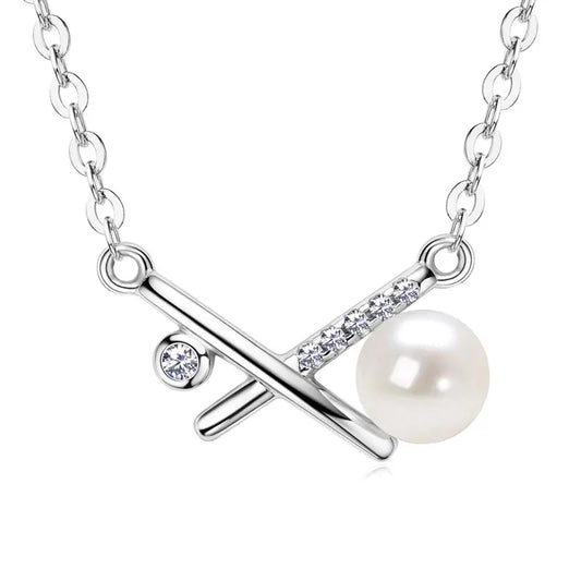 Freshwater Pearl & Zircon X-Shaped Pendant Necklace - 14K White Gold Plated Sterling Silver