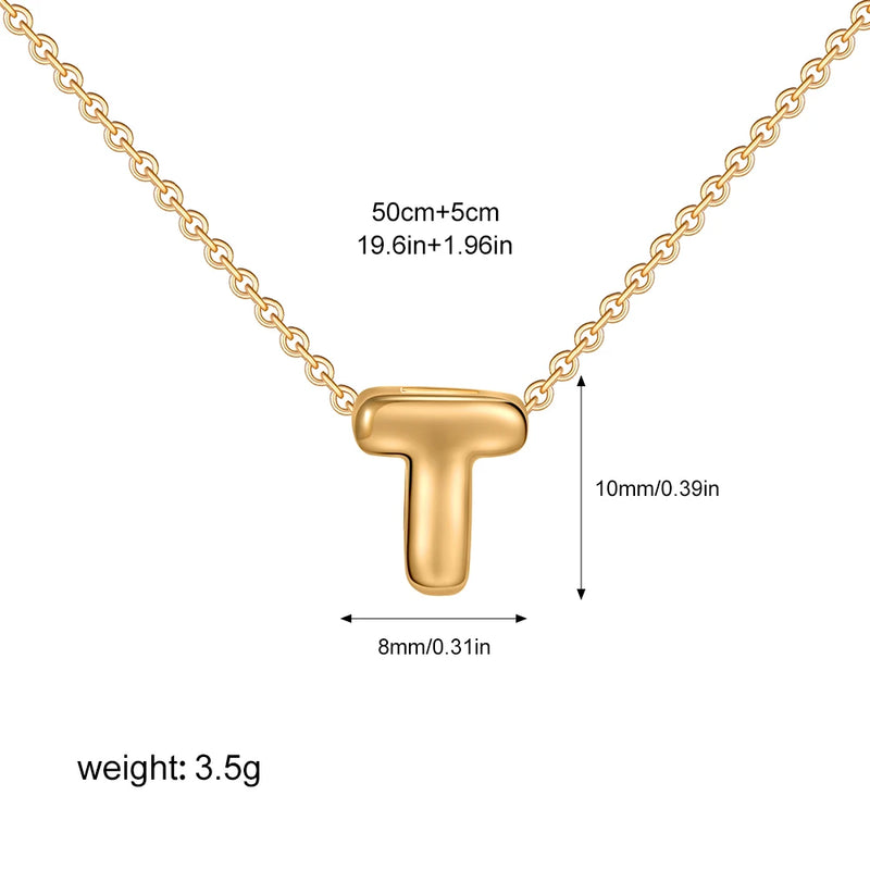 3D Bubble Initial Letter T in 18K Gold-Plated Stainless Steel size 10mmx8mm and chain 50cm+5cm