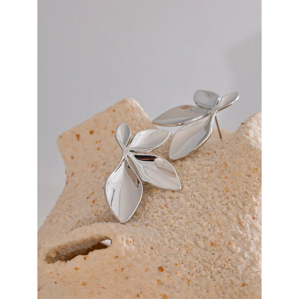Waterproof Leaf Stud Earrings in silver Color