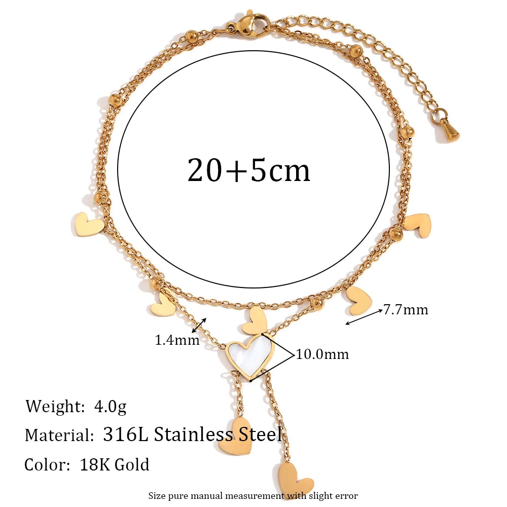 Waterproof Double Layered Heart Tassel Anklet - 18K Gold Plated