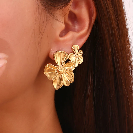 Waterproof Five Petal Flower Earrings - 18K Gold Plated