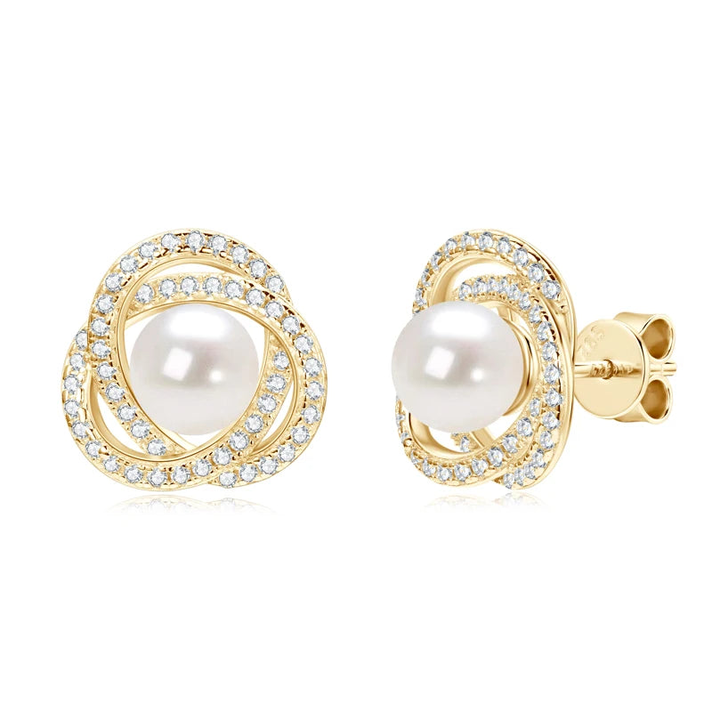 Pearl & Zircon Flower Stud Earrings in 14K Yellow Gold Plated Sterling Silver