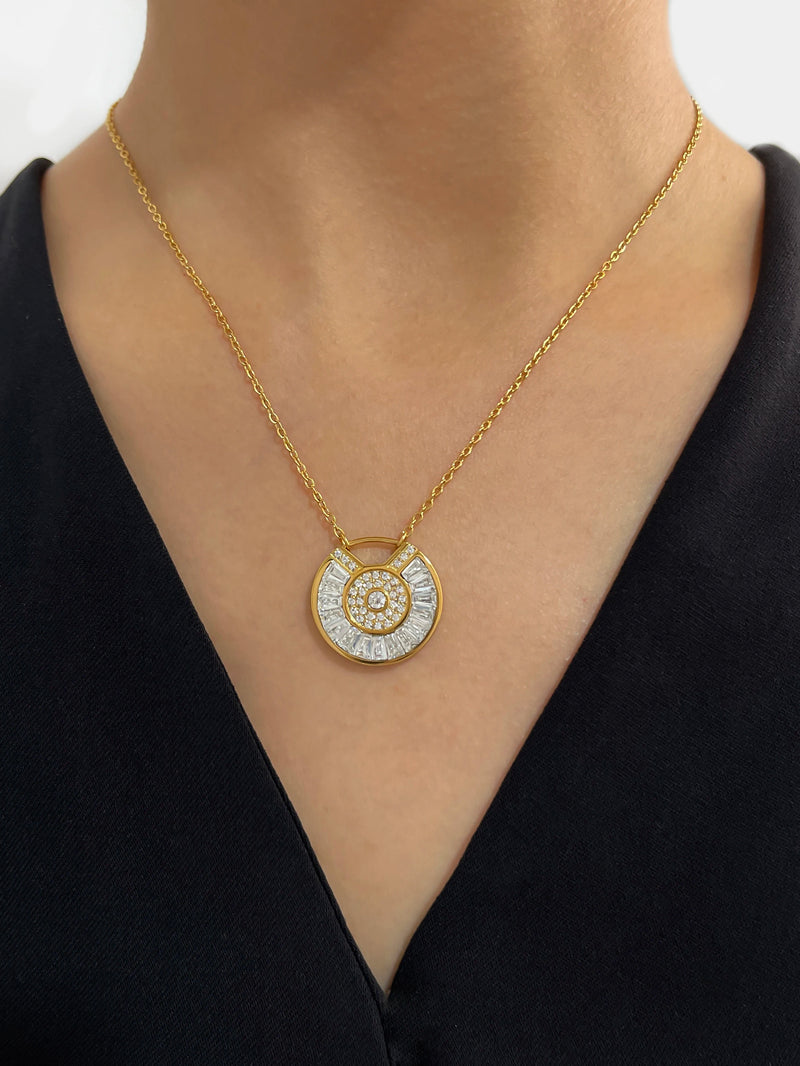 model Waterproof Goddess Coin Necklace in 18K Gold-Plated Stainless Steel with CZ Zirconia