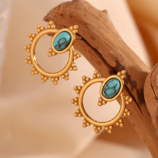 Lace Oval Blue Turquoise Stud Earrings Tarnish Free 18K Gold Plated Women's Earrings 316L Stainless Steel Gift