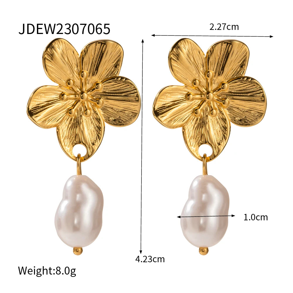 Waterproof Cherry Flower Pearl Earrings - 18K Gold Plated