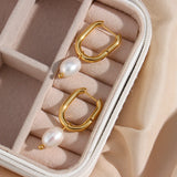 Waterproof Freshwater Pearl Drop Hoop Earrings - 18K Gold Plated