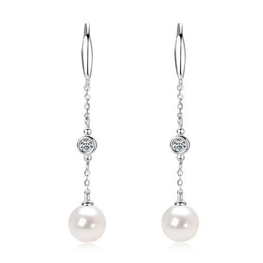 Freshwater Pearl & Moissanite Drop Earrings - 14K White Gold Plated Sterling Silver