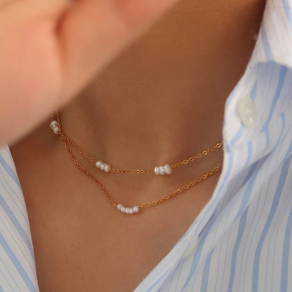 Waterproof Freshwater Pearl Necklace in 18K Gold-Plated Stainless Steel. Two necklaces