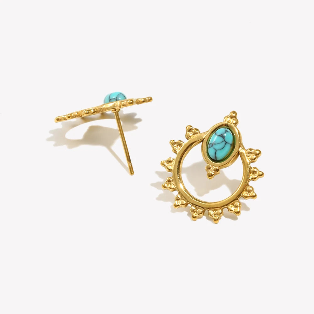 Lace Oval Blue Turquoise Stud Earrings Tarnish Free 18K Gold Plated Women's Earrings 316L Stainless Steel Gift