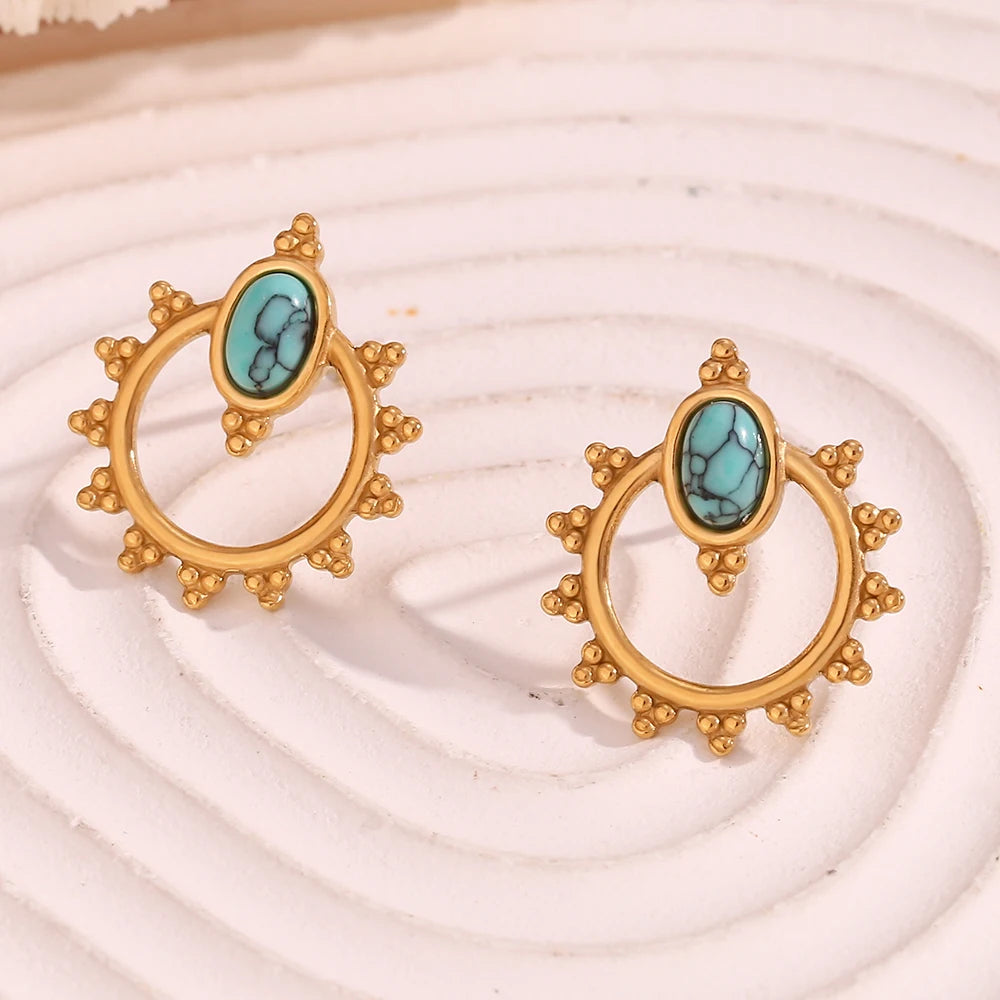  Lace Oval Blue Turquoise Stud Earrings Tarnish Free 18K Gold Plated Women's Earrings 316L Stainless Steel Gift
