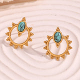  Lace Oval Blue Turquoise Stud Earrings Tarnish Free 18K Gold Plated Women's Earrings 316L Stainless Steel Gift