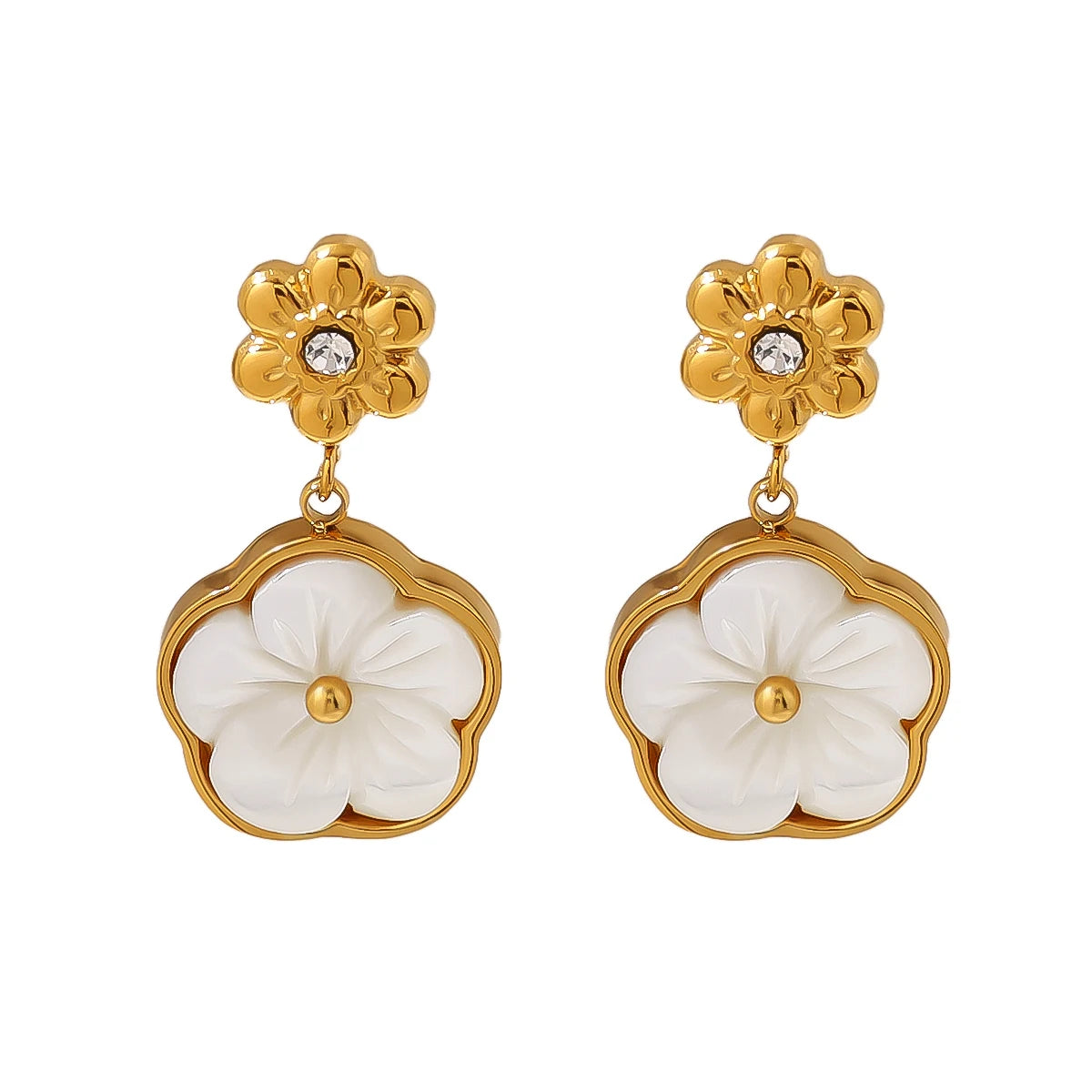 Waterproof Pearl Shell Pansy Flower Earrings - 18K Gold Plated