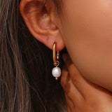 Waterproof Freshwater Pearl Drop Hoop Earrings - 18K Gold Plated