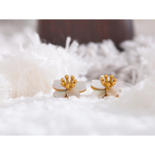 Waterproof Natural Shell Flower Stud Earrings - 18K Gold Plated