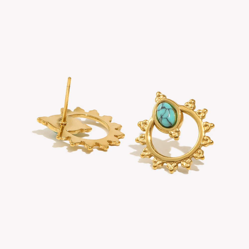 Lace Oval Blue Turquoise Stud Earrings Tarnish Free 18K Gold Plated Women's Earrings 316L Stainless Steel Gift