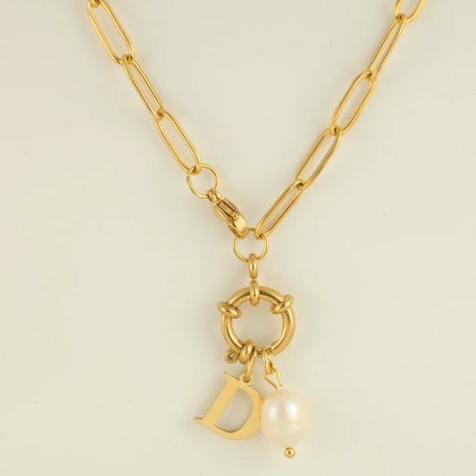 Waterproof Gold Choker with Pearl & Initial Pendant - 18K Gold Plated