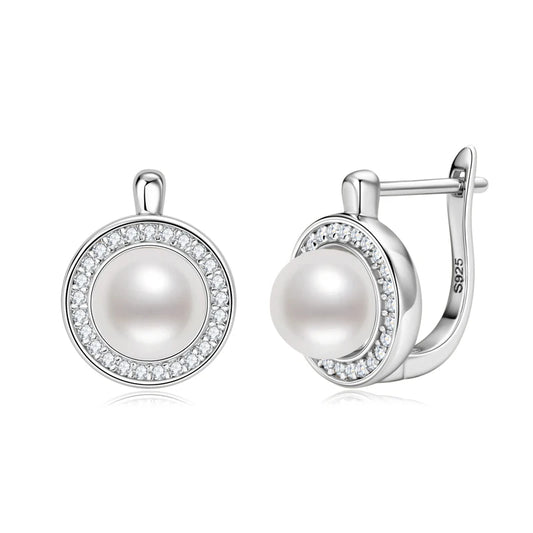 Pearl & Moissanite Hoop Earrings - 14K White Gold Plated Sterling Silver