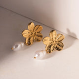 Waterproof Cherry Flower Pearl Earrings - 18K Gold Plated