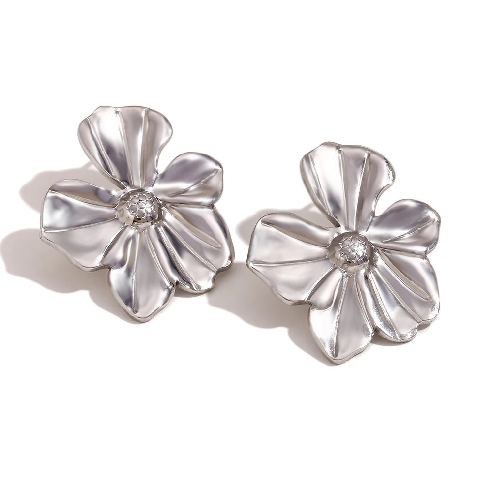 Waterproof Five Petal Flower Earrings in Silver Color 
