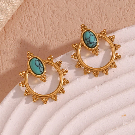  Lace Oval Blue Turquoise Stud Earrings Tarnish Free 18K Gold Plated Women's Earrings 316L Stainless Steel Gift
