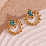  Lace Oval Blue Turquoise Stud Earrings Tarnish Free 18K Gold Plated Women's Earrings 316L Stainless Steel Gift