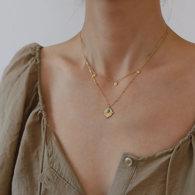 model wearing Waterproof Bohemian Double Layer Necklace in 18K Gold-Plated Stainless Steel