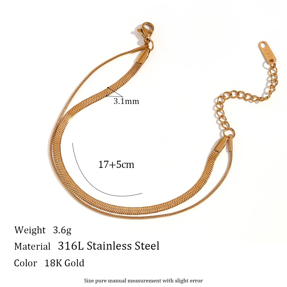 Waterproof Minimalist Double Layer Snake Chain Bracelet - 18K Gold Plated 17+5cm