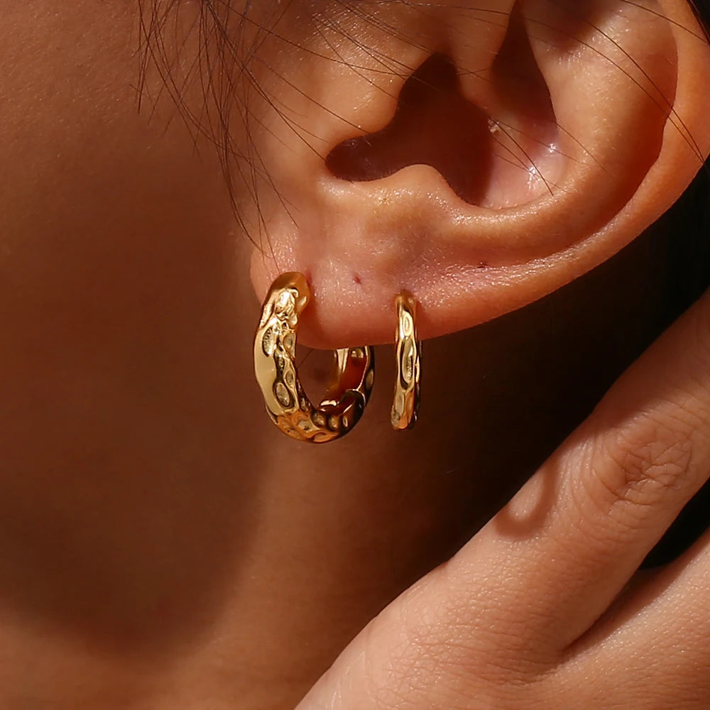 LillyFleur Waterproof Chunky Hammered Hoop Earrings - 18K Gold Plated
