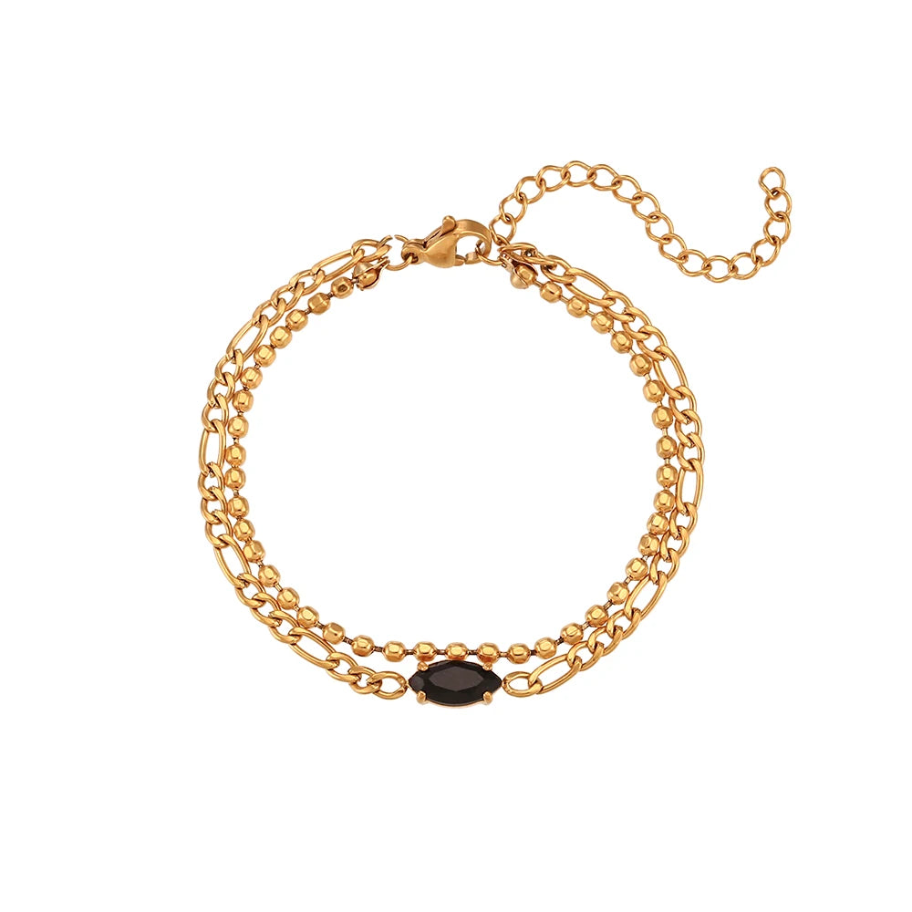 Waterproof Elegant Double Layer Beaded Chain Bracelet with black gem - 18K Gold Plated 