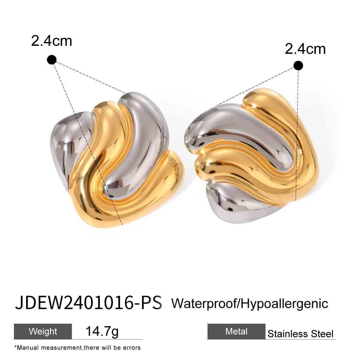 Waterproof Square Stud Earrings Silver and Gold 2.4cm - 18K Gold Plated