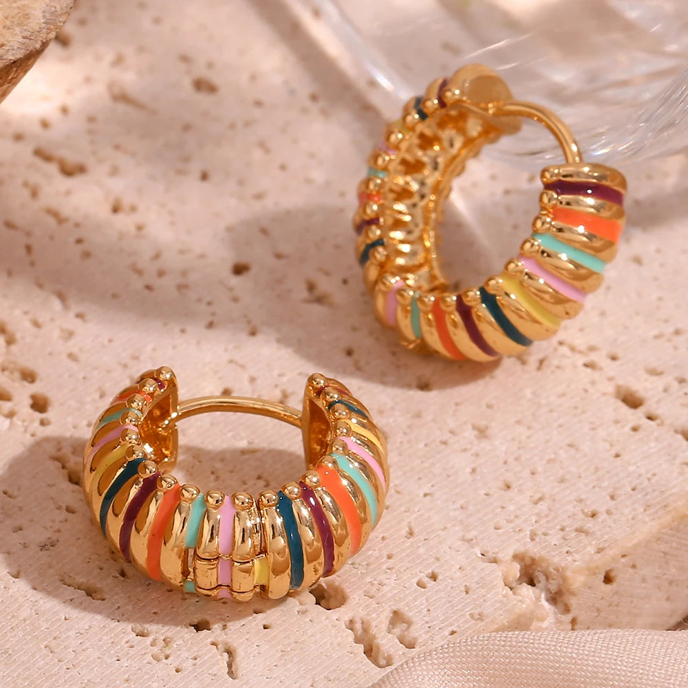 LillyFleur Waterproof Colorful Enamel Caterpillar Hoop Earrings - 18K Gold Plated